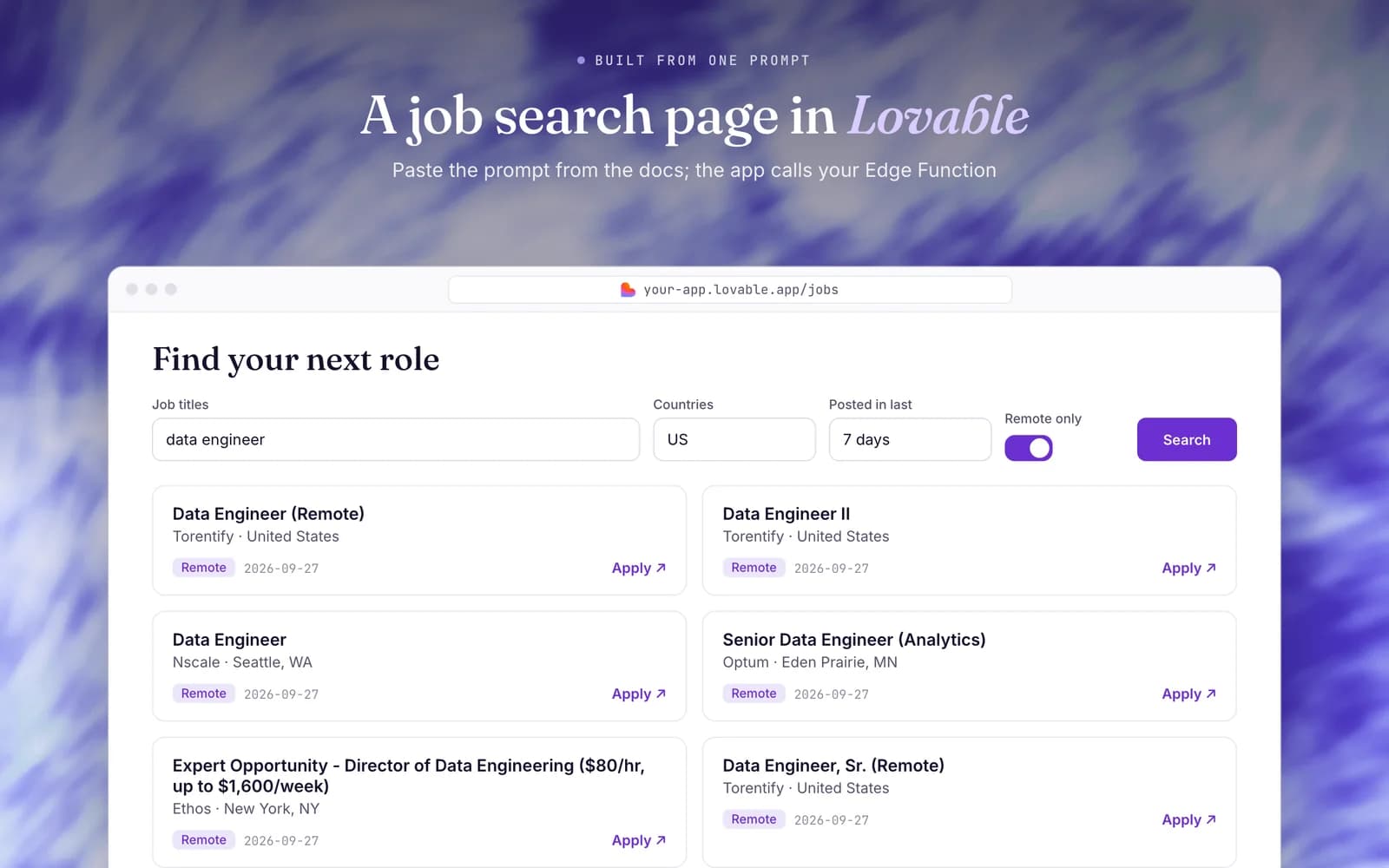 A job search page built in Lovable: a form with job titles, countries, posted in the last 7 days and a Remote only toggle, then a grid of remote data engineer jobs with company, location, posted date and an Apply link