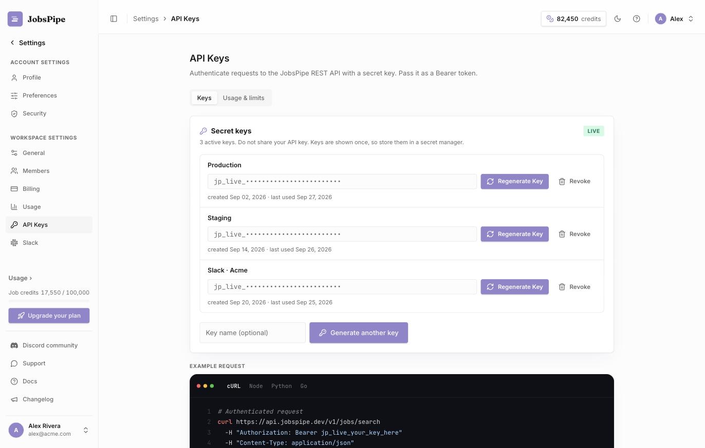 The API Keys page in the JobsPipe dashboard, listing three named keys with Regenerate and Revoke buttons